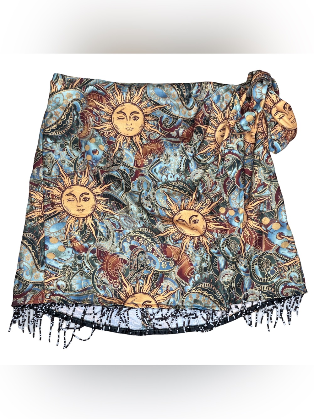Boho Celestial Sun Print Paisley Beaded Tassel Fringe Faux Wrap Mini Skirt Sz L